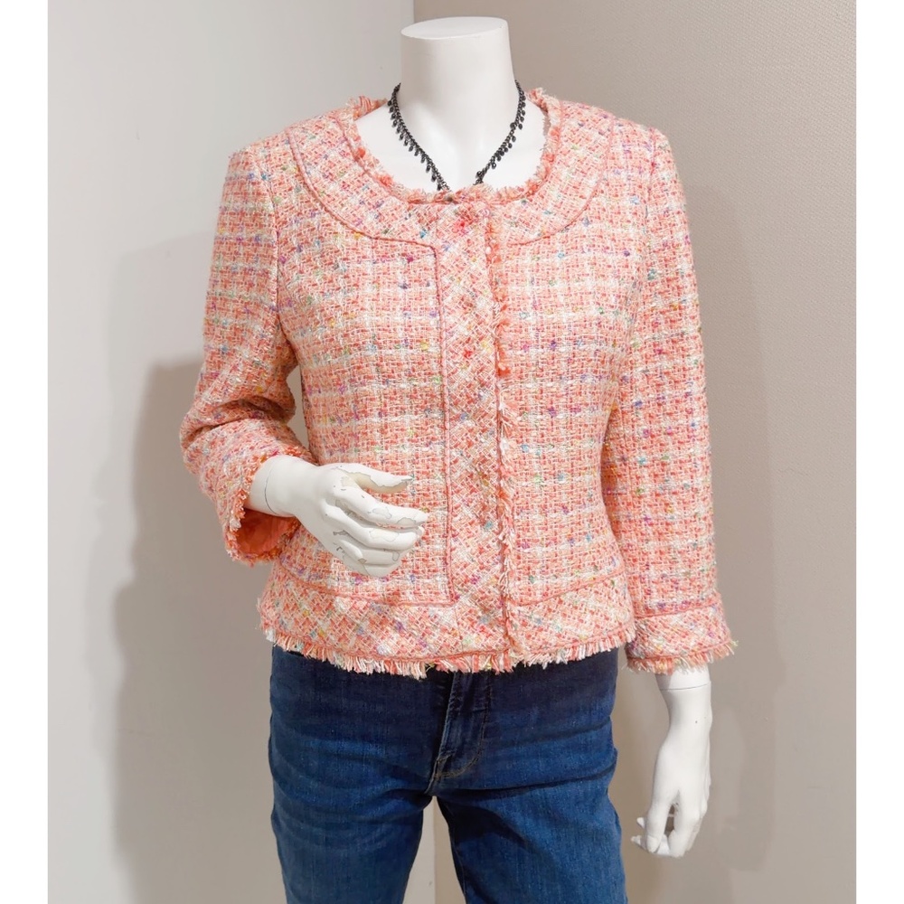 Ice Women's Pink Multi Fringe Silk Blend Tweed Short Blazer Jacket Size 8